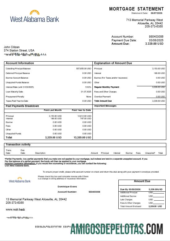 Declaração de hipoteca do West Alabama Bank dos EUA em formatos Word e PDF amostra